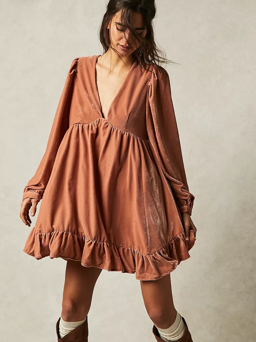 Free People Estella Velvet Mini Dress Rose Pearl Size Small EUC